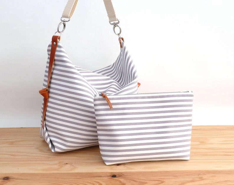 Stripe canvas diaper bag, Messenger bag, Personalised bag, Marina Tan image 7