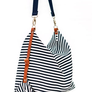 Stripe canvas diaper bag, Messenger bag, Personalised bag, Marina Navy Blue image 2