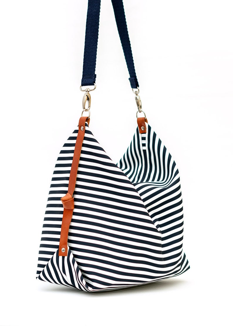 Stripe canvas diaper bag, Messenger bag, Personalised bag, Marina Navy Blue image 2