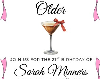 Customize Birthday Invitation | Editable Martini Party Invite | A Tini Bit Older Pink Bow Theme | Digital Download