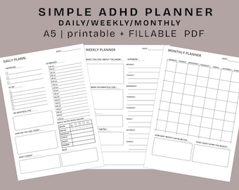 ADHD PLANNER PRINTABLE  daily  weekly  monthly  schedule pdf  adult executive function organize A5 fillable
