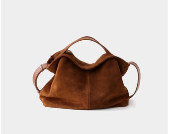Handmade Suede Tote Bag - Vintage Suede Hobo Purse - Large Leather Bag