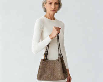 Suede Tote Bag, Woven Suede Top Handle Bag, Suede Shoulder Bag, Weaved Leather Handbag