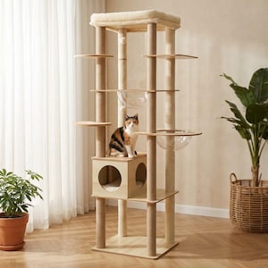 Large Wood Cat Tree 71in Tower, Multi-Level Cat Condo with Acrylic Hammock, Scratching Posts & Top Perch