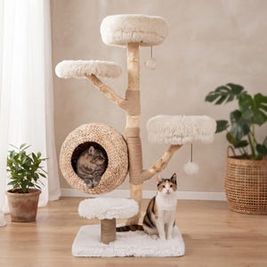 Puede incluir: Un árbol para gatos de varios niveles con un tronco central de madera y ramas naturales, rematado con tres plataformas circulares de felpa color crema. Incluye una cueva redonda tejida, una base cuadrada cubierta de piel sintética blanca.