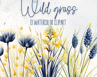 Wild grass flower clipart, Wildflower clipart, Wildflowers bouquet, Botanical bundle, Flowered clipart, Yellow, Blue, Grasses, Bear grass