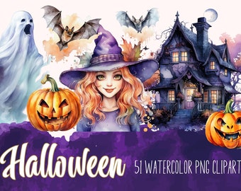 Watercolor Halloween clipart bundle, Fall theme clipart, Commercial use, Pumpkin png, Hunted house, Ghost, Jack-o-lantern, Spooky, Scary