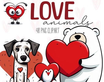 Valentines day clipart bundle, Love animals png illustration, Cute cartoon animal, Romantic ants, Drawing illustrations, Valentine heart