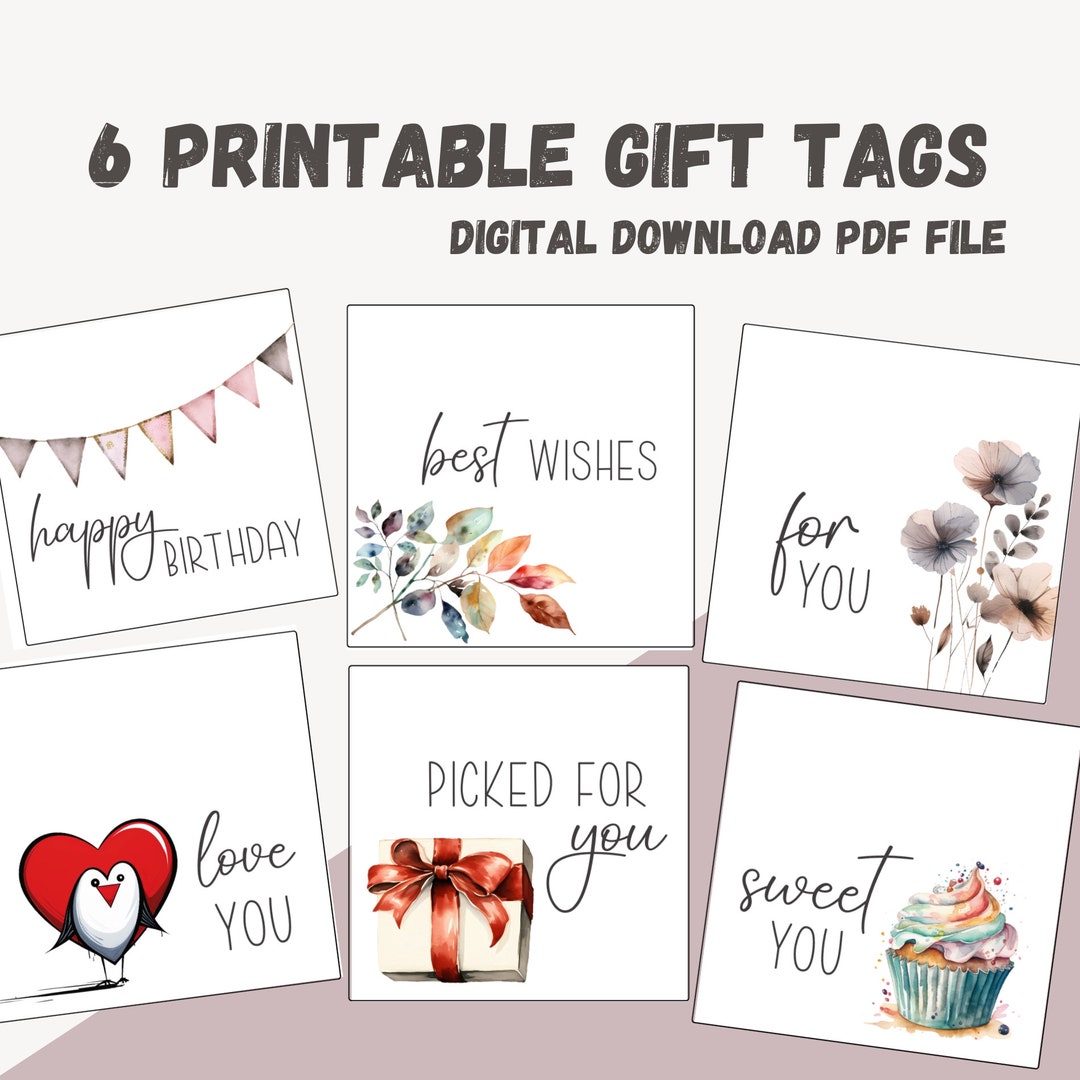 Printable PDF Gift Tags, Digital Favor Cards, Happy Birthday Hang Tag ...