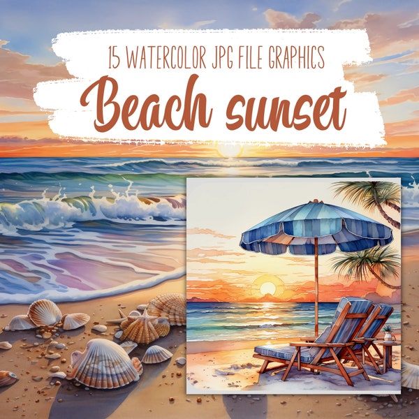 Watercolor sunset beach clipart, Summer holiday trip graphics, Vacation clip art, Sand scenery JPG file, Digital seascape, Commercial use