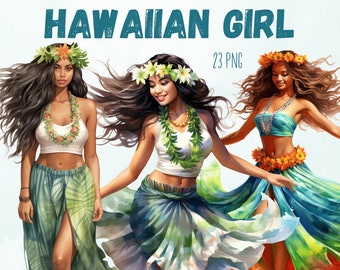 Watercolor Hawaiian girl clipart, Tropical woman png, Exotic summer vacation clip art, Watercolour Hawaii, Aloha hibiscus flowers bouquet