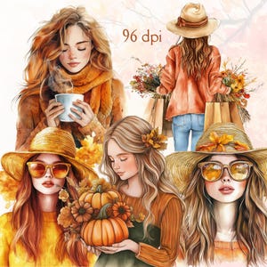 Watercolor Autumn Girl Clipart, Cozy Fall PNG, Digital Fashion Shopping ...