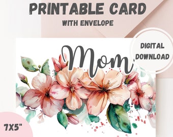 Printable Mother's Day Card with Envelope, Downloadable Best Mom Card, Digital Love Mother Postcard, Happy Birthday Floral Gift for Mothers