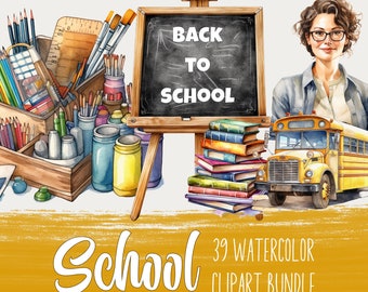 School png clipart bundle, Back to teaching, Watercolor classroom clip art, Digital download sublimation file, Commercial use, Stationery