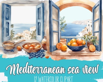 Summer vacation clipart bundle, Beach landscape png clip art, Digital watercolor holiday clipart, Commercial use, Mediterranean sea trip