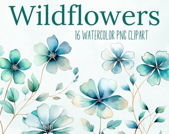 Watercolor wildflower clipart bundle, Wild flower png, Botanical tiny flowers, Blue border elements, Flowered meadow, Assorted floral field