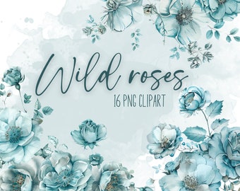 Blue wild roses clipart, Dusty teal flowers png, Watercolor wildflower border, Flower arrangement frame, Botanical tiny dainty rose bouquet