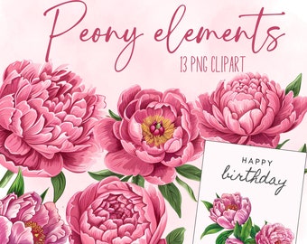 Peony individual elements clipart, Floral PNG border, Peonies frame DIY set, Assorted flowers, Flowered clip art, Watercolor arrangements