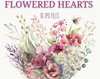 Watercolor floral heart clipart, Flowered love bundle, Wildflowers jpg graphic, Hearted flowers bouquets, Tiny dainty bouquet arrangement