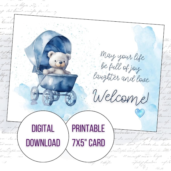 Welcome baby boy card, Printable newborn postcard, It's a bundle of joy, Shower party announcement, Blue teddy bear, Digital nursery PDF