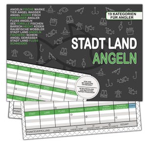 Op de afbeelding: Een bordspel genaamd "Stadt Land Angeln" (Stad Land Vissen) met een donkergrijze achtergrond en witte en groene tekst. Het spel bevat verschillende viscategorieën en een scoreformulier. Het spel is ontworpen voor vissers.