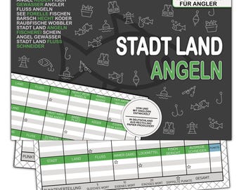 Angel Spiel Stadt Land Fluss Geschenk für Angler & Fischer 50 Blatt Spielblock aus Recycling Papier Angelgeschenk für alle mit Angelschein