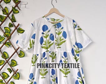 Handblock print dress, Indian Tunics, Hand Printed Dress, Indian Cotton Long gown, Indian Cotton dress, printed dress  block printed dress.