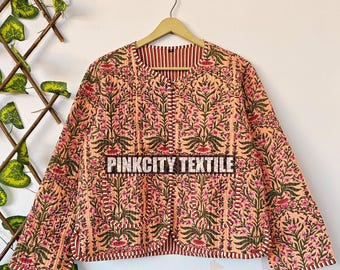 Cotton Handmade Kantha Jacket, Women Clothing Quilted Reversible Coat, Kimono Indian Hand Printed Vintage Boho Jacket Christmas Gift for Her