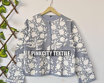 New Printed Jacket, Cotton Quilted Handmade Cotton Floral Jacket Reversible Strip Quilted Cotton Jacket Party Wear Gift For Women's