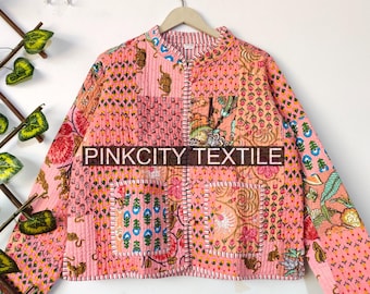 Cotton Quilted Coat,Pachwork Reversible Woman's Clothing Jacket, Indian Kantha Jacket, Boho, Hippie, Hand Block Flower Print Winter Jacket