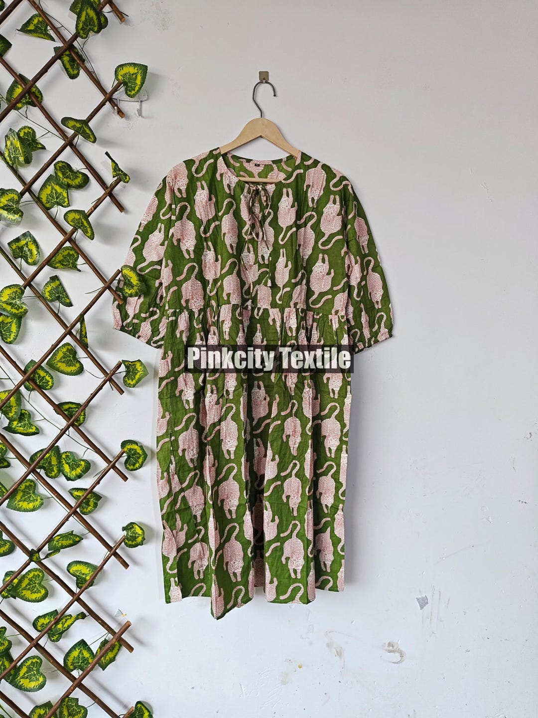 green tiger dress Oversized Plisse Shirt Dress in Green Tiger Tales Print -Lala Original 3XL