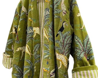 Giacca kimono in velluto da donna, stile safari nella giungla verde, per tè mattutino, cappotto in velluto, damigella d'onore, vestaglia invernale in cotone, accappatoio, regalo