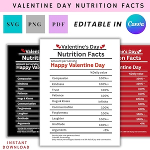 Puede incluir: Gráfico digital de datos nutricionales del Día de San Valentín con fondo blanco, que presenta una lista de valores como la compasión y la amabilidad. El texto "Happy Valentine Day" es prominente. Incluye opciones SVG, PNG y PDF.