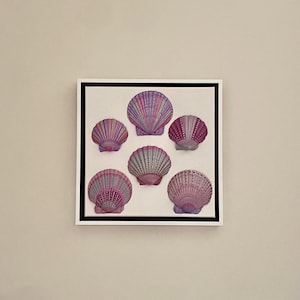 May include: A framed artwork featuring six colorful seashell sculptures. The shells are painted in shades of purple, pink, and green, with a textured appearance. The artwork is displayed on a white background within a black and white frame.