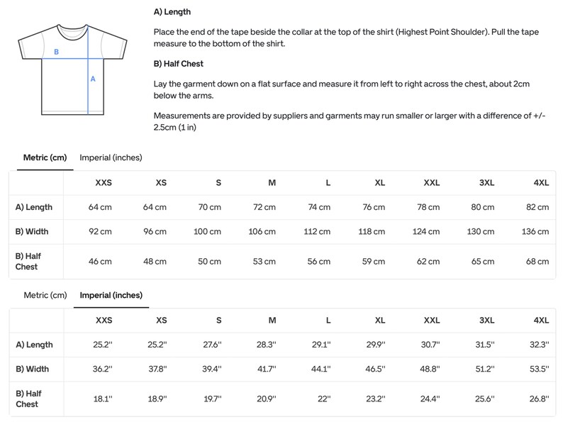 Puede incluir: Una tabla de tallas para camisetas que muestra un dibujo lineal de una camiseta con las etiquetas A para el largo y B para el medio pecho. La tabla proporciona medidas en cent&iacute;metros y pulgadas para tallas de la XXS a la 4XL, con una tolerancia de +/- 2,5 cm.