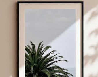 May include: A framed art print showing a close-up of a palm tree with vibrant green fronds set against a cloudy sky and the sea. The print is in a black frame with a white mount, offering a minimalist style.