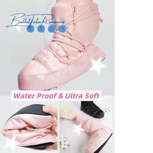May include: Light pink, water-proof winter boots with a quilted design and drawstring closure. The boots have a soft, ultra-soft appearance. The text "Water Proof & Ultra Soft" is displayed on the image. The brand name "Ballet Tutu Romance" is displayed on the image.