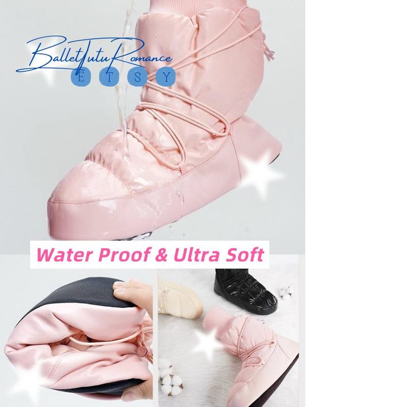 May include: Light pink, water-proof winter boots with a quilted design and drawstring closure. The boots have a soft, ultra-soft appearance. The text "Water Proof & Ultra Soft" is displayed on the image. The brand name "Ballet Tutu Romance" is displayed on the image.