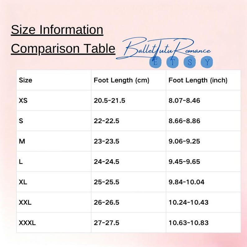 May include: A size comparison table with the text "Size Information" and "Comparison Table". The table lists sizes XS to XXXL with corresponding foot lengths in centimeters and inches, ranging from 8.07 to 10.83 inches.