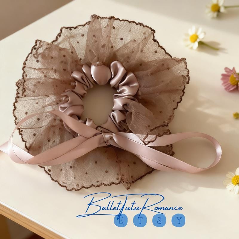 Romantic Sheer Scrunchie Set pf 3 – Hearts, Dots & Florals in Elegant Ivory Velvet Hearts Scrunchies | Organza Scrunchies | Big  main image 2