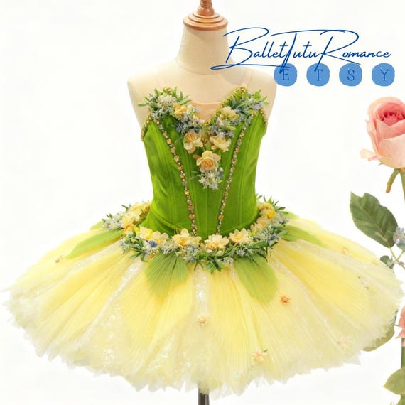 Handmade Green Yellow Floral Tutu: Custom Fairy Ballet Costume for Adults & Kids, Aurora/Nutcracker
