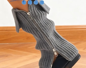 Calentadores de piernas de punto grueso con cremallera lateral, estilo Y2K para combinar con botas de cuero