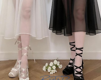 Mary Jane Block Heels with Ballet Ankle Ribbon Ties, Bow Ballerina Heels, Daily Wear