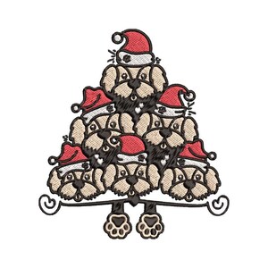May include: An embroidered Christmas tree design made up of dog faces wearing red Santa hats. The tree has a black outline and is supported by two paw prints. The dogs have tan fur and black eyes and noses.
