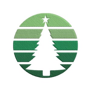 May include: Embroidered patch featuring a white Christmas tree silhouette within a green and light green striped circle, topped with a white star. The design is a festive emblem, suitable for holiday-themed crafts and apparel.