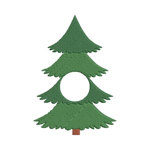 May include: A green embroidered Christmas tree design with a white circle in the center. The tree has a textured appearance and a brown trunk. The design is on a white background.