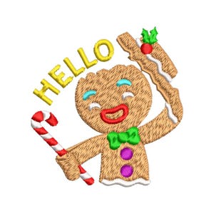 May include: Embroidered gingerbread man with a red mouth, blue eyes, and a green bow tie. The gingerbread man holds a candy cane and a piece of gingerbread with a red berry and green leaves. The word "HELLO" is embroidered in yellow.