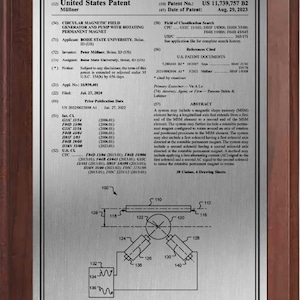 May include: A framed patent document for a circular magnetic field generator and pump with a rotating permanent magnet. The document includes diagrams and text, with the patent number US 11,739,757 B2 and a filing date of August 29, 2023.
