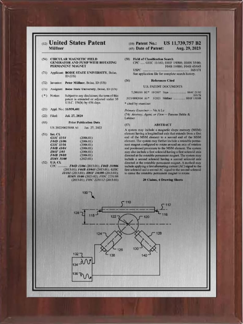 May include: A framed patent document for a circular magnetic field generator and pump with a rotating permanent magnet. The document includes diagrams and text, with the patent number US 11,739,757 B2 and a filing date of August 29, 2023.