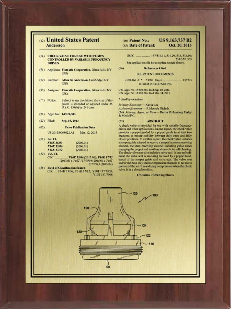 May include: A framed patent document with a gold-colored plate and a dark brown wooden frame. The plate features text and a technical drawing of a check valve, including labels and measurements. The patent number is US 9,163,737 B2.